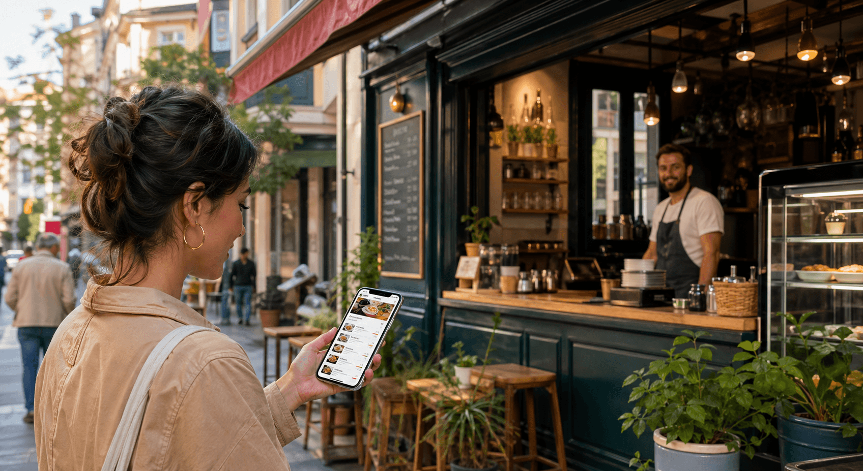 Bir müşterinin yerel bir kafenin önünde telefonundan menüyü incelemesi